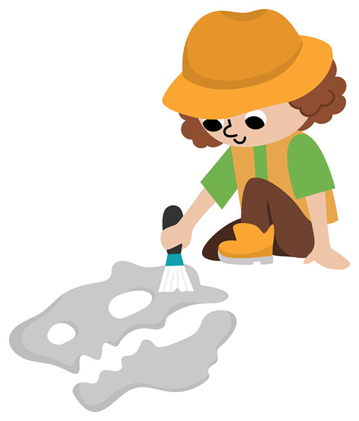 矢量古生物学家图标。卡通考古学家女孩在帽子清洁恐龙骨头的剪贴画。历史恐龙挖掘或挖掘科学家或探险家插图。旅游的照片图片下载