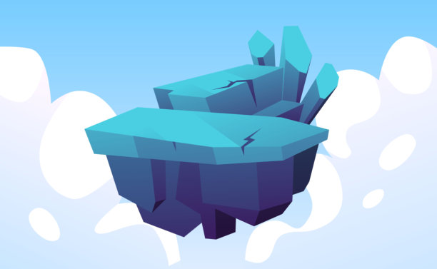 水平平台与蓝色的表面和浮冰，游戏岛与冰雪覆盖漂浮在天空，矢量冬季岩石阶段图片下载