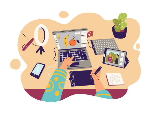 设计师在笔记本电脑上编写图形程序。前视图。图片下载