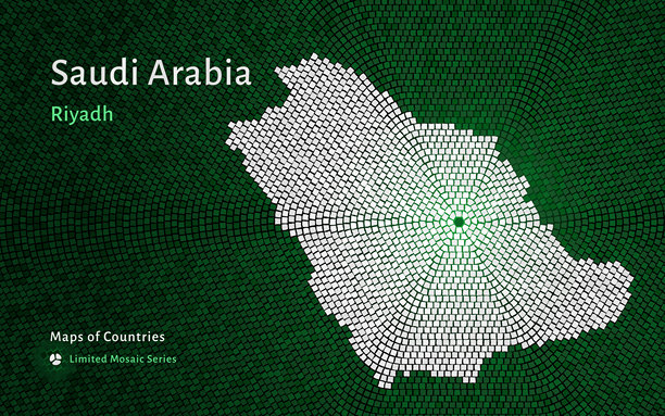 以利雅得为焦点的沙特阿拉伯抽象马赛克地图，国旗颜色图片下载