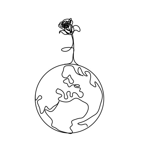 抽象花与行星地球作为线条绘制在白色图片下载