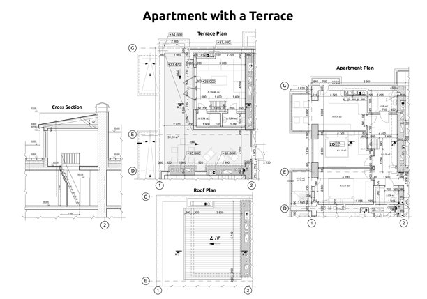 带露台公寓的详细蓝图图片下载