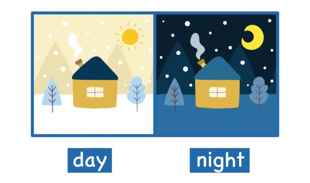 日日夜夜对立的抽认卡。教育海报与可爱的冬季景观图片下载