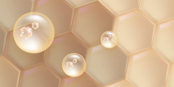 透明质酸和烟酰胺头发和皮肤的解决方案广告，黄金胶原蛋白血清滴入皮肤细胞与化妆品广告背景准备使用，插图矢量。图片下载