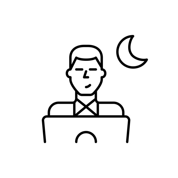 穿着衬衫的男人在手提电脑前工作，上面有新月的标志。夜间的创造力和生产力。像素完美矢量图标图片下载