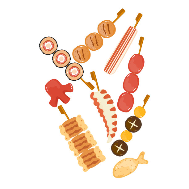 街边小吃烤鸡肉串配上各种烤肉串。亚洲快餐和外卖餐厅孤立的白色背景可爱的卡通设计元素，易于编辑。图片下载