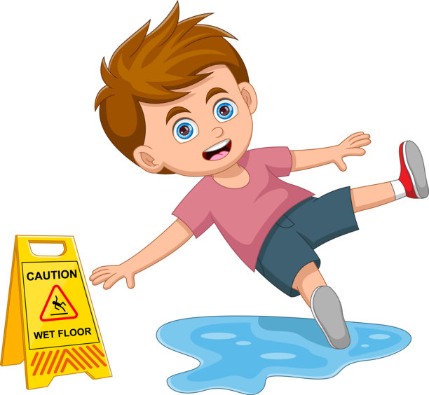 男孩在湿地板上滑倒了图片下载