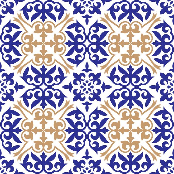 矢量金蓝色无缝国家装饰。民族格局为大草原游牧民族，有摩洛哥人、突厥人、蒙古人、吉尔吉斯人、布里亚特人、卡尔梅克人、哈萨克人。设计陶瓷、azulejo瓷砖、镶边图片下载