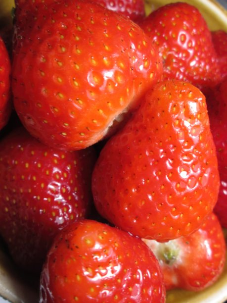 这张特写照片中，丰满的红草莓躺在碗里，突出了它们闪亮的表皮和细腻的质地，非常适合水果爱好者和烹饪爱好者。图片下载