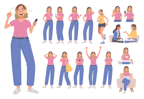 年轻女子。女孩听音乐，思考，做运动，和朋友交流。各种姿势和动作的性格图片下载