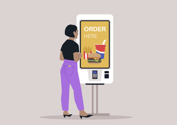 一个角色在一个现代化的触摸屏售货亭点了一份快餐，同时在城市里享受休闲的一天图片下载