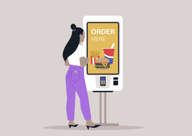 一个角色在一个现代化的触摸屏售货亭点了一份快餐，同时在城市里享受休闲的一天图片下载