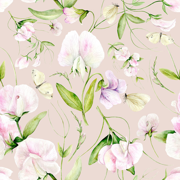 无缝图案的水彩花香豌豆和蝴蝶。插图是用柔和的颜色手绘的。适用于卡片设计，纺织品和剪贴簿。图片下载