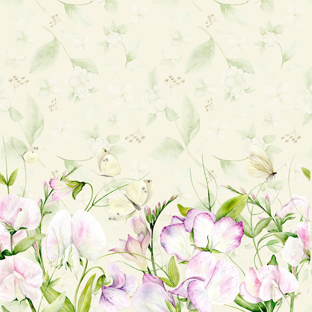 无缝图案的水彩花香豌豆和蝴蝶。插图是用柔和的颜色手绘的。适用于卡片设计，纺织品和剪贴簿。图片下载
