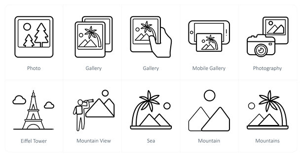 一组10个旅行和度假图标作为照片，画廊，移动画廊，摄影图片下载