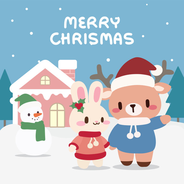 可爱的圣诞场景与驯鹿，兔子和雪人。图片下载