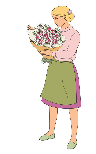 花店的非裔美国女性角色，妇女系着围裙，捧着一束玫瑰花图片下载