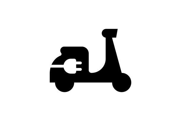 电动摩托车黑色图标。绿色电动助力车和插头充电站标志。环保电动摩托车标志概念。矢量电池供电的电动汽车运输标志图片下载