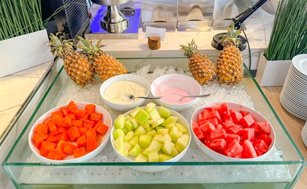 切片新鲜的木瓜，瓜和西瓜，在一个白色的碗。还有酸奶。也有完好无损的菠萝。图片下载