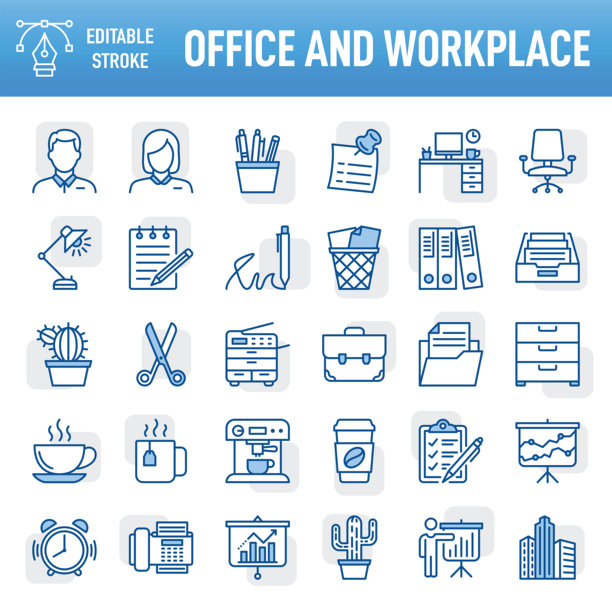 商务办公室概念和工作场所-细线矢量图标集。像素完美。可编辑的中风。移动和Web。该套装包含图标:办公室，办公桌，工作地点，不干胶笔记，作品集，公文包，业务，个人组织者，秘书图片下载