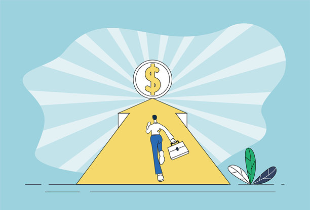 白领工人奔向美元的箭头标志。图片下载