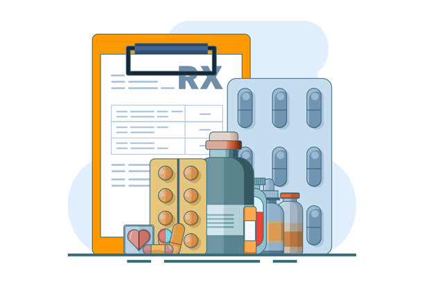 医药概念，医疗保健，网上处方，疾病治疗药片，止痛药。医生来了。医生的处方。平面设计矢量插图的背景。图片下载