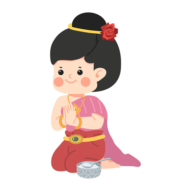 一个女孩在泰国传统的问候中献上食物图片下载