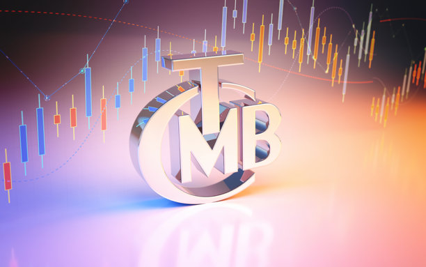 黄色金属光泽的土耳其共和国中央银行标志，蓝色黄色金融背景图片下载