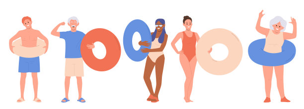 不同年龄的游客卡通人物站在充气环组图片下载