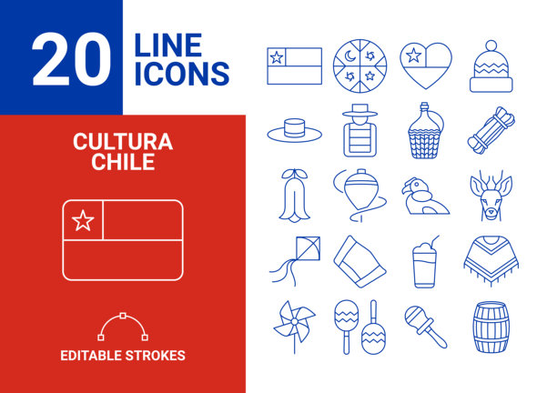 20个智利文化图标素材，民族象征、特色食物、动物区系，矢量格式图片下载