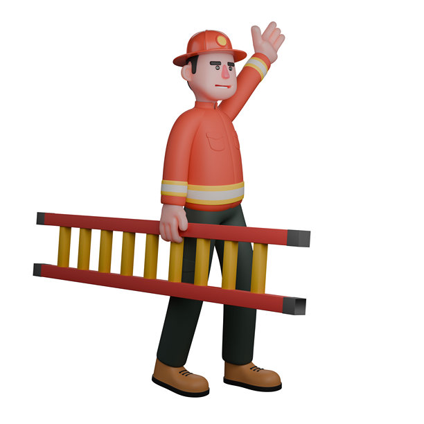 消防员的3D插图。一名消防员一只手拿着梯子，另一只手举着。救火英雄图片下载