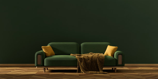 极简主义的客厅，配有木制家具。复古风格的内饰。空墙模型。三维演示图片下载