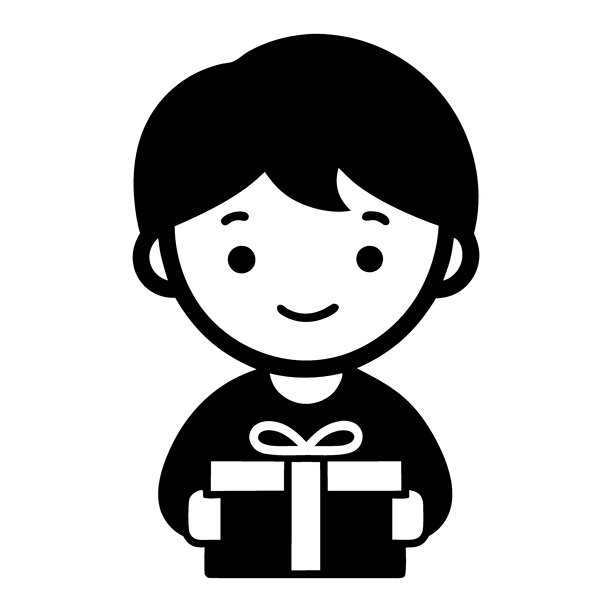 快乐的孩子与礼盒图标。Present, celebration, holiday, joy, birthday, surprise，喜庆，gift，卡通，开朗，可爱，微笑，插画，善良，性格，有趣。图片下载