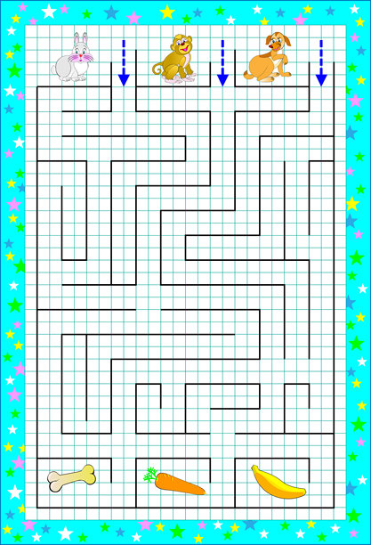 逻辑益智游戏与迷宫的孩子在一个正方形的纸。帮助动物找到找到食物的路。画出线条。矢量图像。图片下载