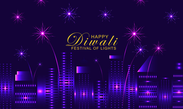 烟花在印度城市景观快乐排灯节假期背景为印度的灯节图片下载