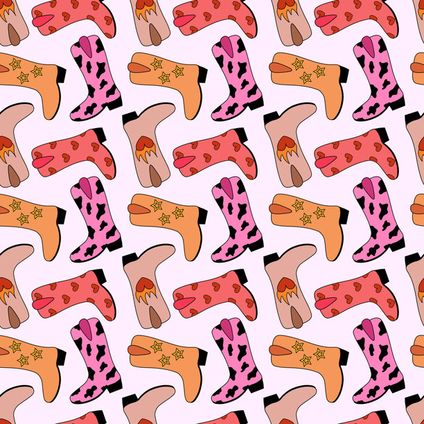 无缝图案与时尚的女牛仔靴子。狂野西部的鞋子，不同的设计。矢量平面插图。图片下载