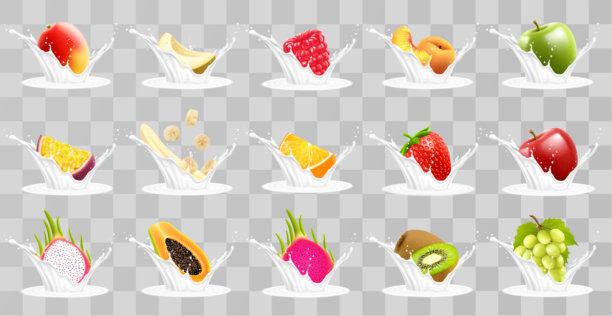 芒果、甜瓜、橘子、桃子、苹果、百香果、香蕉、覆盆子、草莓、葡萄、木瓜、火龙果、猕猴桃的奶昔或酸奶。水果和飞溅的牛奶，三维现实矢量图标集图片下载