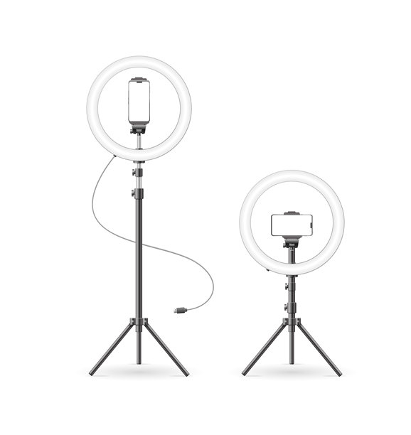 逼真的详细3d Led环灯手机设备支架集。向量图片下载