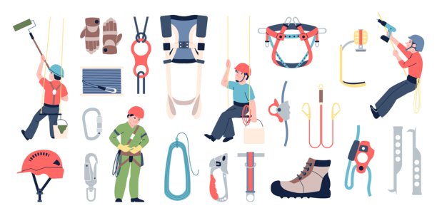 工业登山设备。不同的登山工具，靴子，绳索，金属钩扣，紧固件，头盔。危险工作的安全元件，最近的矢量集图片下载