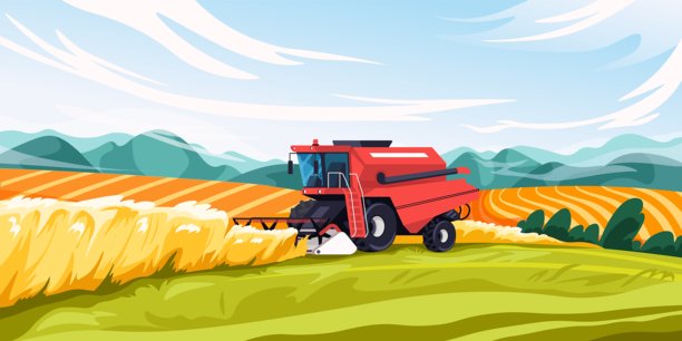 结合田间景观。收获场景，农业收割机在农村小麦卡通农田农村背景，农场收获农业技术最新矢量插图图片下载