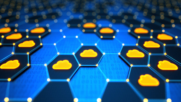 未来的数字技术背景与六角形元素，黄色发光的数字云和二进制代码。大数据安全。互联网安全和隐私概念。数据库存储3d渲染图片下载
