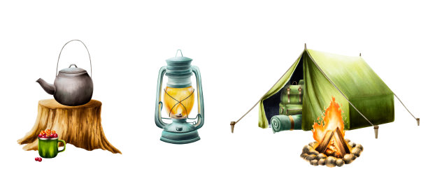 篝火，油油灯，徒步和露营背包，绿色露营帐篷里卷起的毯子和睡袋，水壶，木桩，绿色杯子，蔓越莓和蔓越莓。水彩孤立插图。娱乐用登山设备图片下载