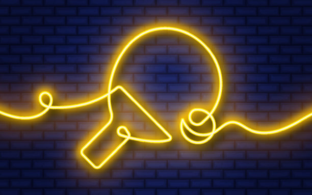乒乓球连续线霓虹灯图标孤立在砖墙背景。图片下载