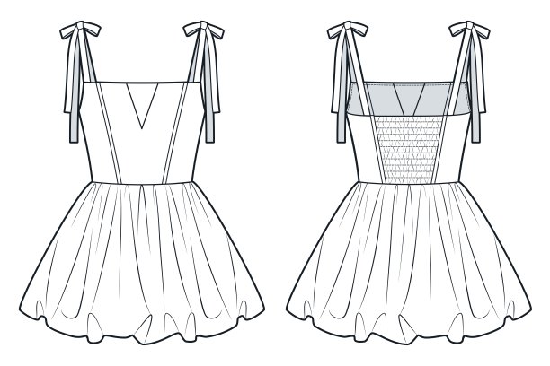 气球裙技术时尚插画。绑带迷你裙时尚平面技术图纸模板，褶皱，前后视图，白色，女装CAD模型。图片下载