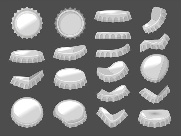 圆帽。啤酒瓶金属盖不同的侧面视图最近矢量圆形金属徽章图片下载
