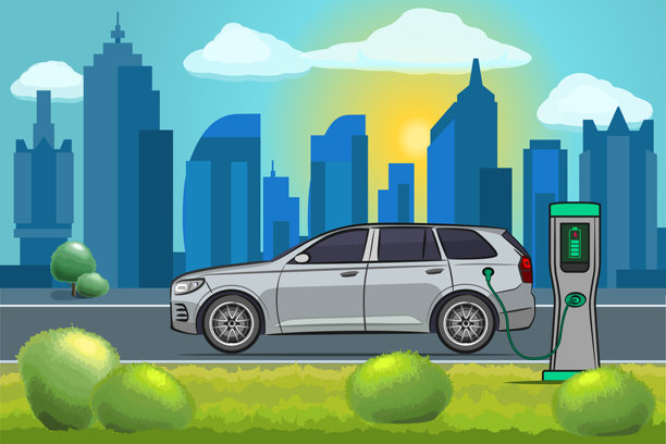 道路上的现代电动汽车和充电站图片下载