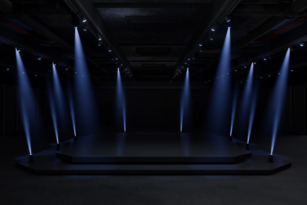 空舞台设计的模型和企业形象，展示。大厅的平台元素。空白屏幕系统的图形资源。场景事件引导的夜光舞台。3d背景在线事件，会议，直播。3渲染。图片下载