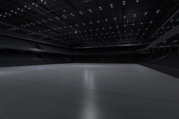 空的室内体育馆中心。体育、摊位、展览、贸易展览的背景。活动、会议的对话。用于娱乐、活动、音乐会的场所。室内足球，足球，陈列室。3 d渲染。图片下载