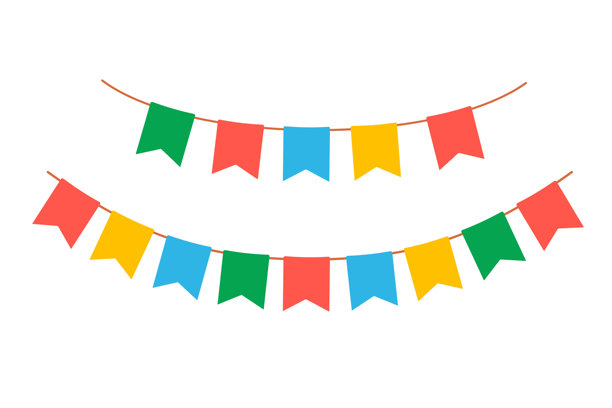 五颜六色的旗帜。矢量三角旗隔离在白色背景。为孩子们悬挂夏日派对花环。图片下载