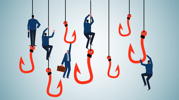 陷阱和诱饵，投资诱惑和风险，骗局或欺诈，商人爬上鱼钩图片下载